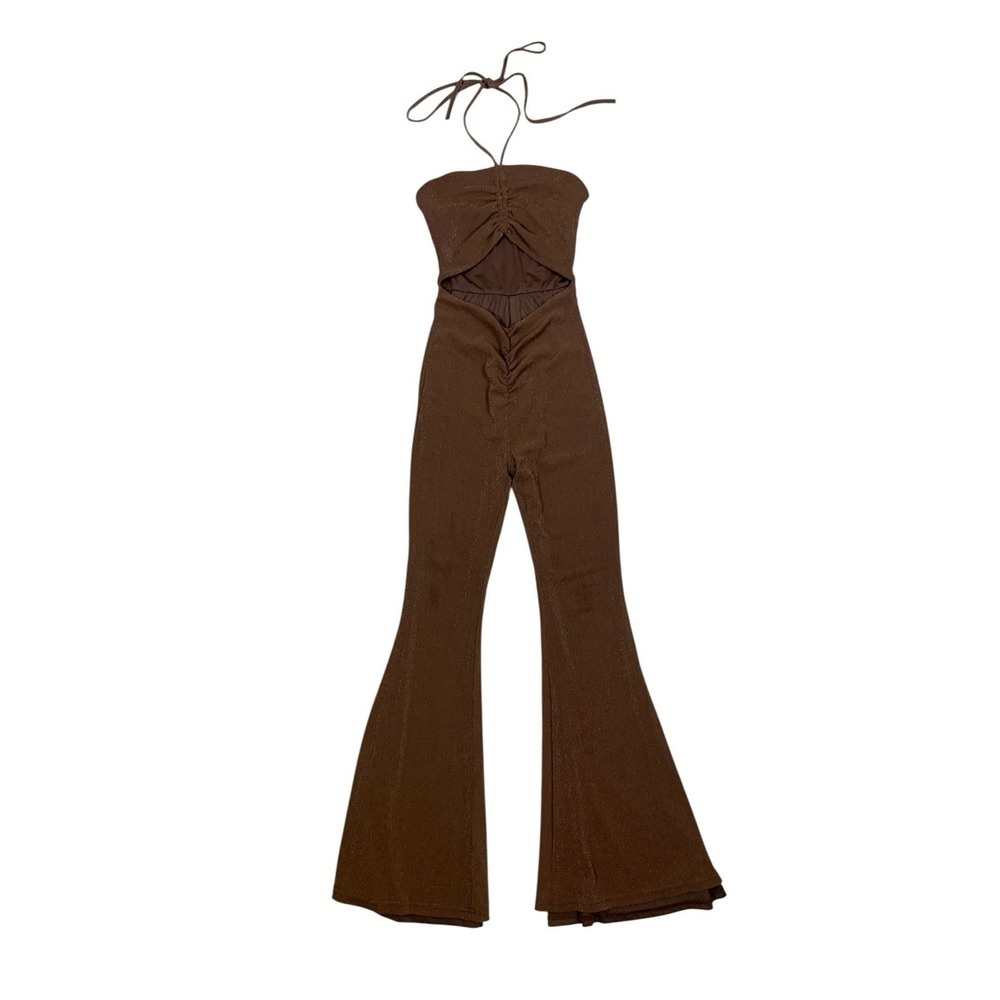 Princess Polly 4 Brown Cutout Halter Flare Jumpsuit Y2K Festival Going Out